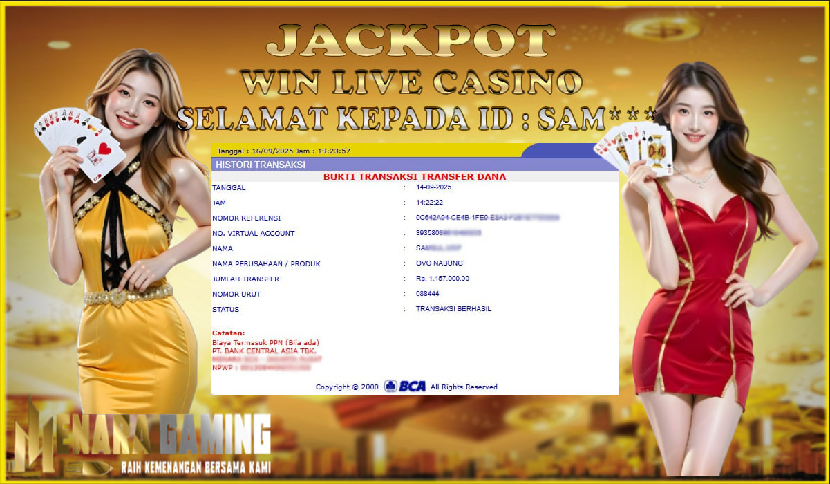 MENARAGAMING JACKPOT LIVE CASINO Rp. 1.000.000,- LUNAS
