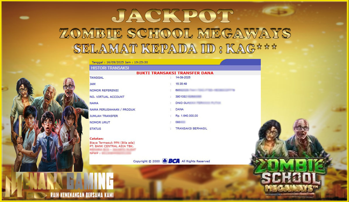 MENARAGAMING JACKPOT PRAGMATIC PLAY ZOMBIE SCHOOL MEGAWAYS Rp. 1.000.000,- LUNAS