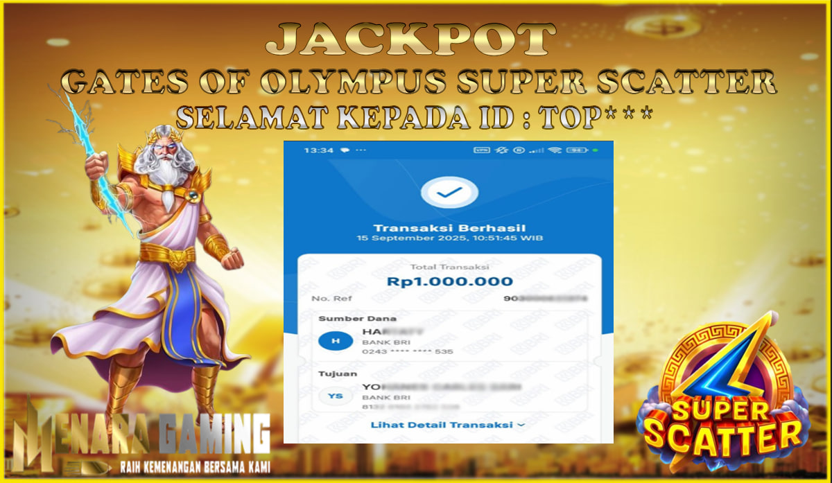 MENARAGAMING JACKPOT PRAGMATIC PLAY GATES OF OLYMPUS SUPER SCATTER Rp. 1.000.000,- LUNAS