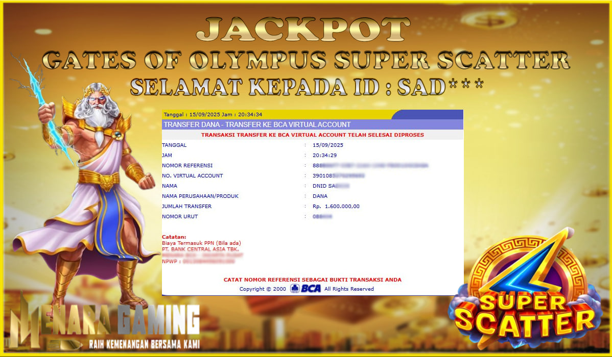 MENARAGAMING JACKPOT PRAGMATIC PLAY GATES OF OLYMPUS SUPER SCATTER Rp. 1.000.000,- LUNAS