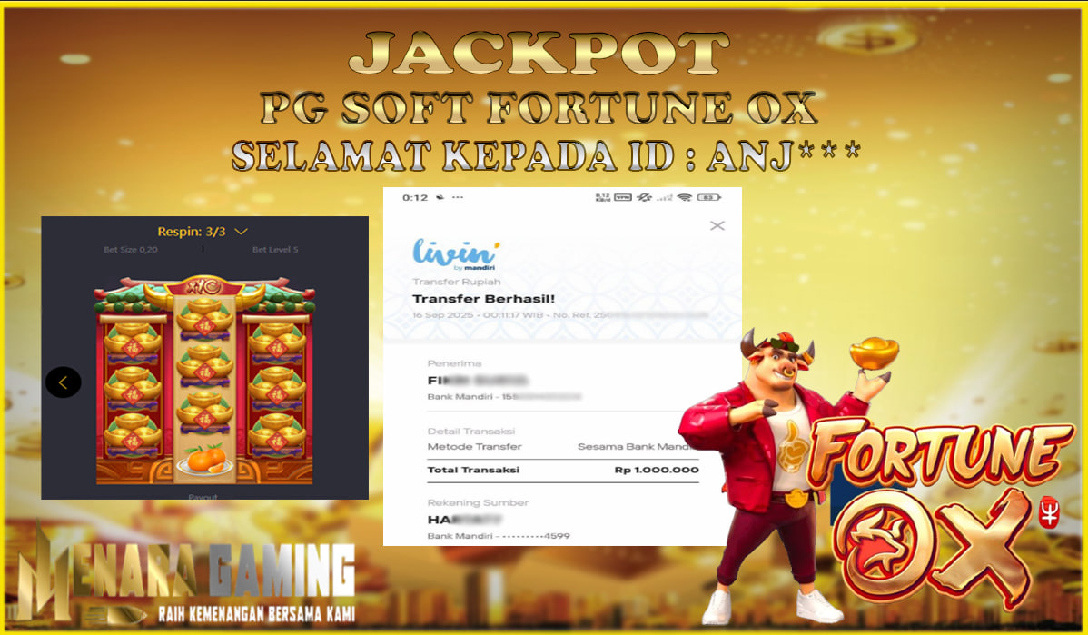 MENARAGAMING JACKPOT PG SOFT FORTUNE OX Rp. 1.000.000,- LUNAS