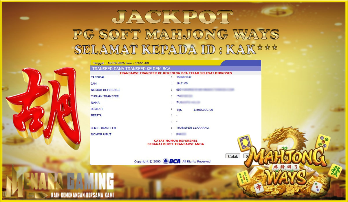 MENARAGAMING JACKPOT PG SOFT MAHJONG WAYS Rp. 1.000.000,- LUNAS