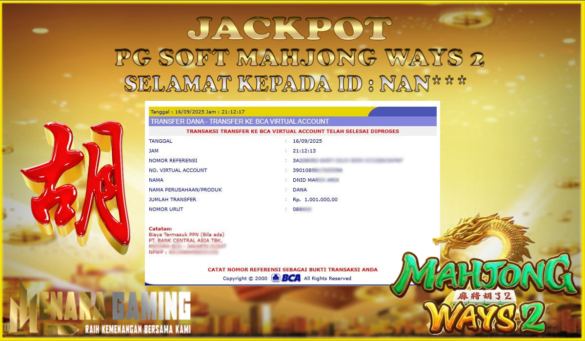 MENARAGAMING JACKPOT PG SOFT MAHJONG WAYS 2 Rp. 1.000.000,- LUNAS