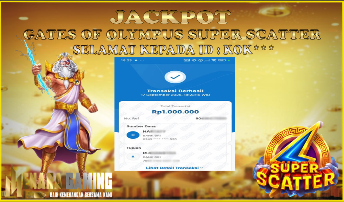 MENARAGAMING JACKPOT PRAGMATIC PLAY GATES OF OLYMPUS SUPER SCATTER Rp. 1.000.000,- LUNAS