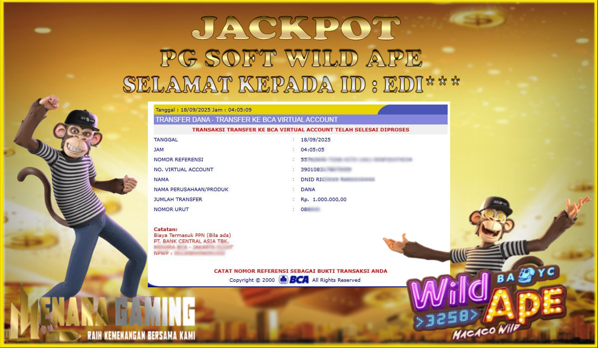 MENARAGAMING JACKPOT PG SOFT WILD APE Rp. 1.000.000,- LUNAS