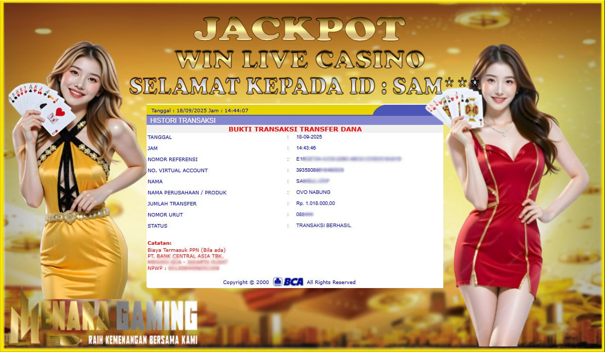 MENARAGAMING JACKPOT LIVE CASINO Rp. 1.000.000,- LUNAS