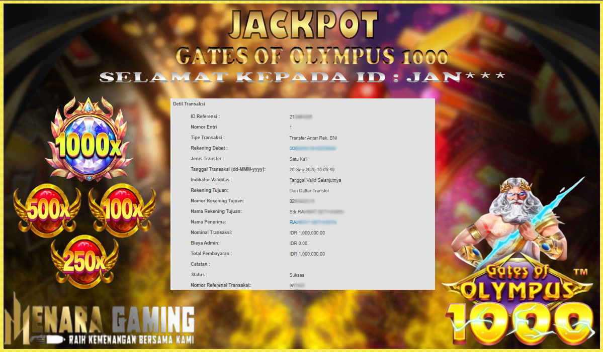 MENARAGAMING JACKPOT PRAGMATIC PLAY GATES OF OLYMPUS 1000 Rp. 1.000.000,- LUNAS