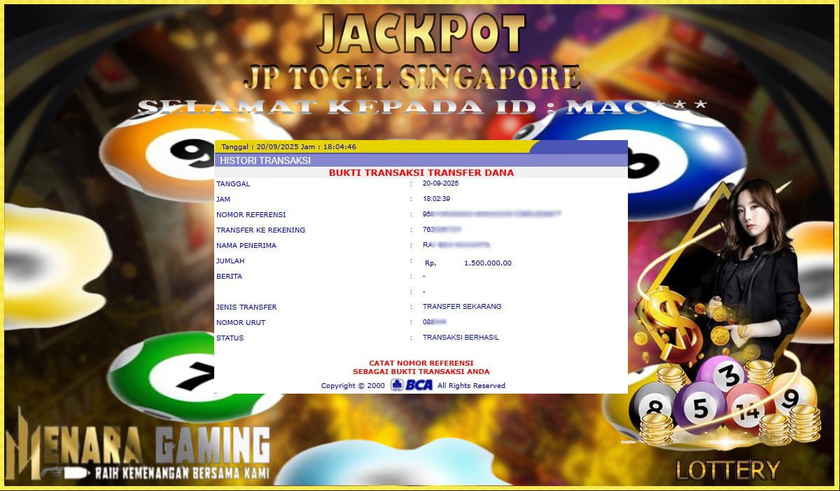 MENARAGAMING JACKPOT TOGEL SINGAPORE Rp. 1.000.000,- LUNAS