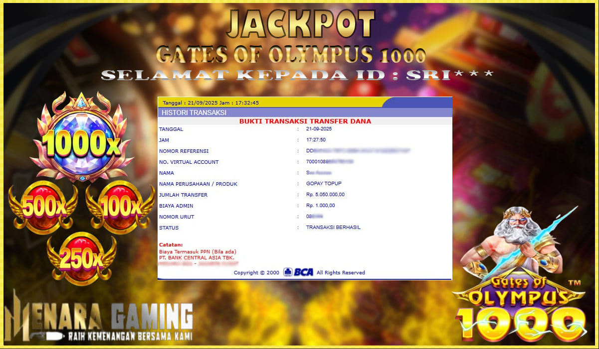 MENARAGAMING JACKPOT PRAGMATIC PLAY GATES OF OLYMPUS 1000 Rp. 5.000.000,- LUNAS