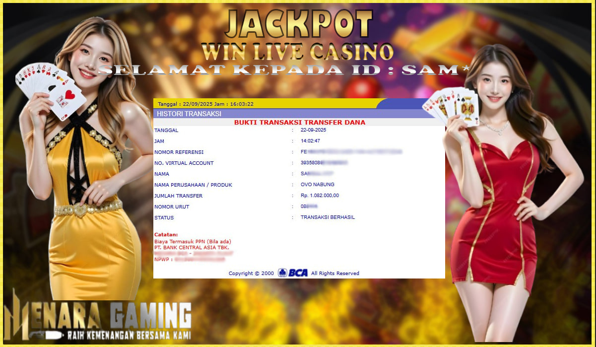 MENARAGAMING JACKPOT LIVE CASINO Rp. 1.000.000,- LUNAS