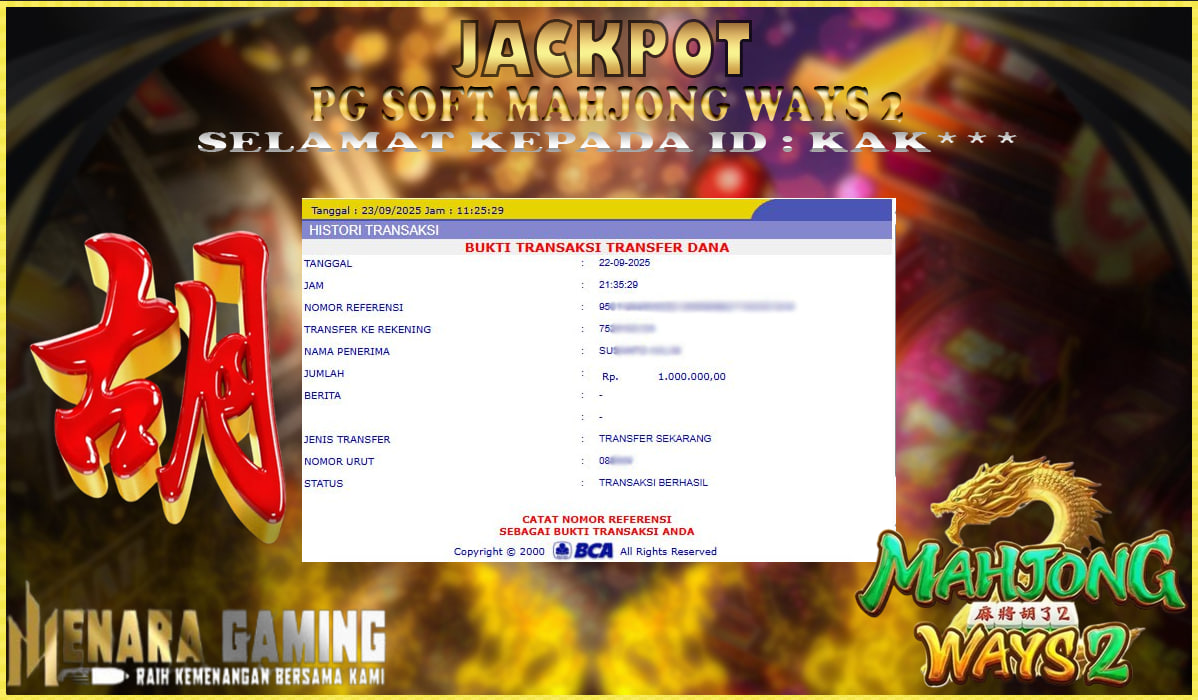 MENARAGAMING JACKPOT PG SOFT MAHJONG WAYS 2 Rp. 1.000.000,- LUNAS