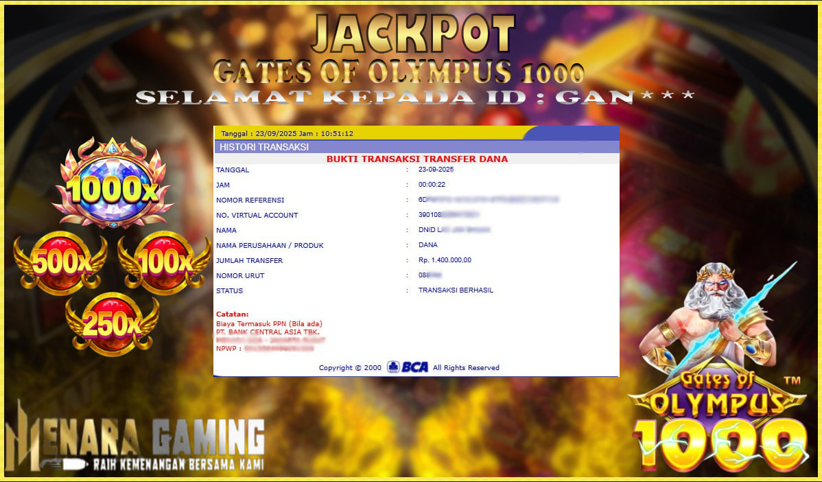 MENARAGAMING JACKPOT PRAGMATIC PLAY GATES OF OLYMPUS 1000 Rp. 1.000.000,- LUNAS