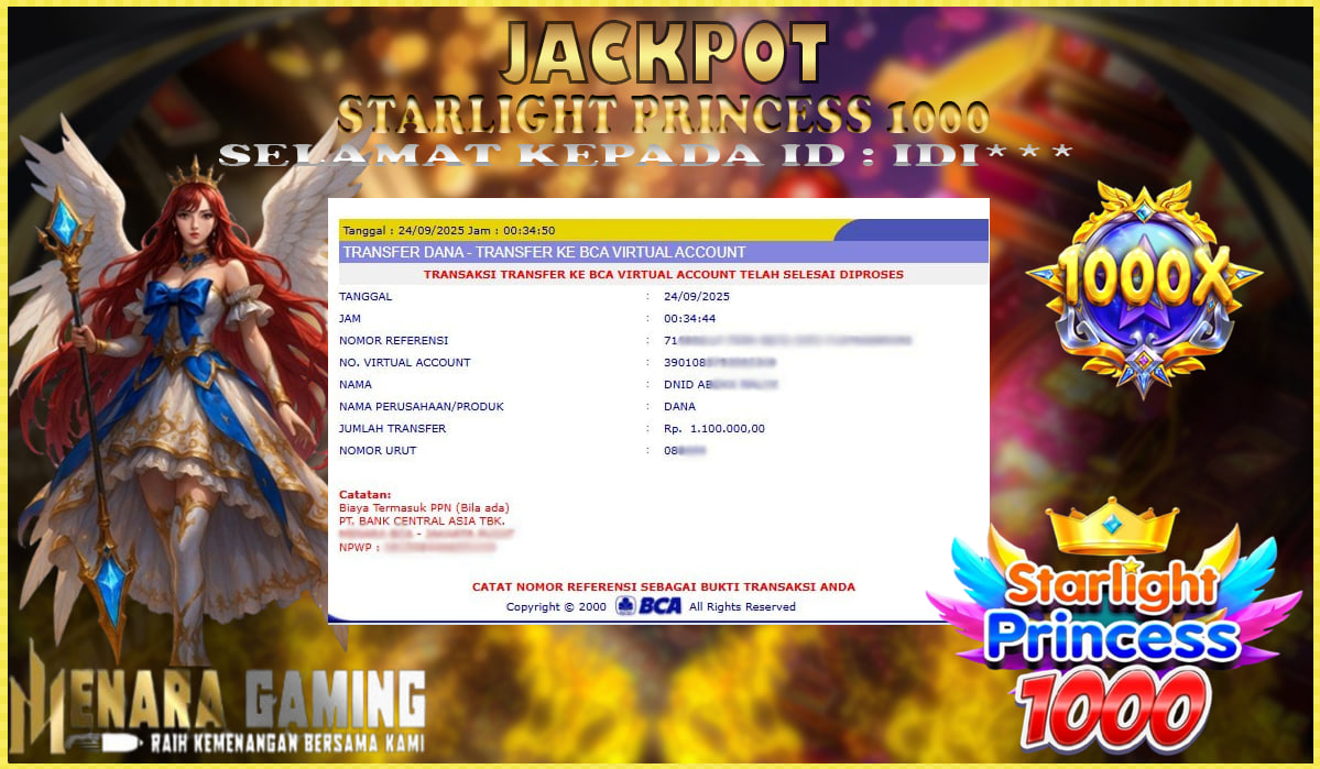 MENARAGAMING JACKPOT PRAGMATIC PLAY STARLIGHT PRINCESS 1000 Rp. 1.000.000,- LUNAS