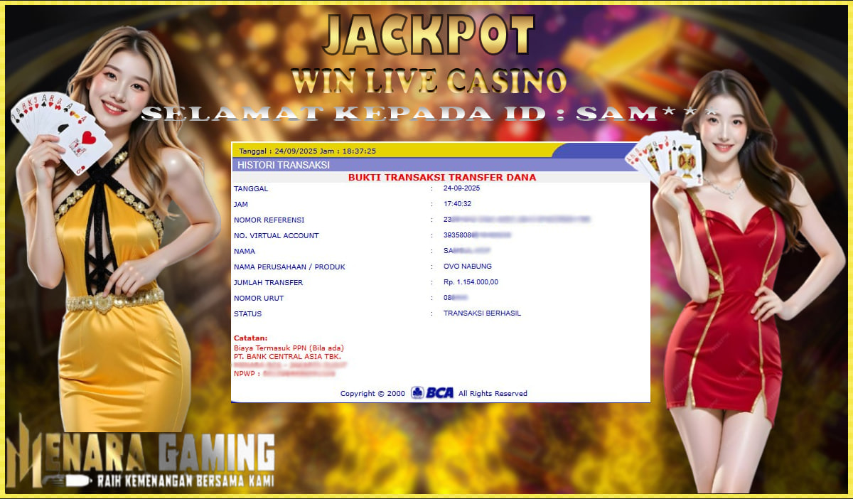 MENARAGAMING JACKPOT LIVE CASINO Rp. 1.000.000,- LUNAS