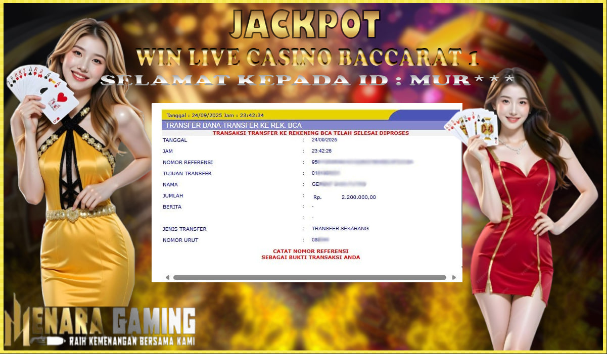 MENARAGAMING JACKPOT LIVE CASINO BACCARAT 1 Rp. 2.000.000,- LUNAS