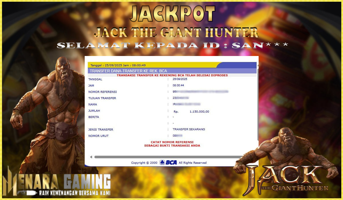 MENARAGAMING JACKPOT PG SOFT JACK THE GIANT HUNTER Rp. 1.000.000,- LUNAS
