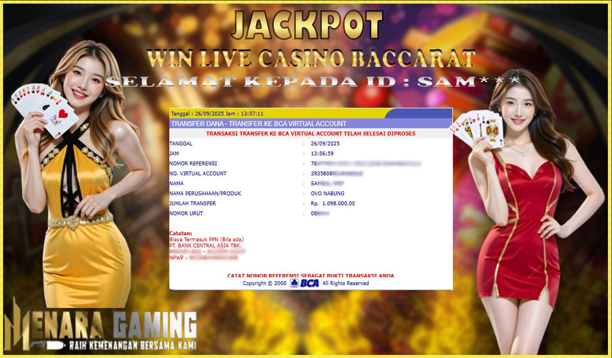MENARAGAMING JACKPOT LIVE CASINO BACCARAT 1 Rp. 1.000.000,- LUNAS