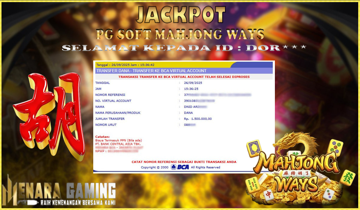 MENARAGAMING JACKPOT PG SOFT MAHJONG WAYS Rp. 1.000.000,- LUNAS