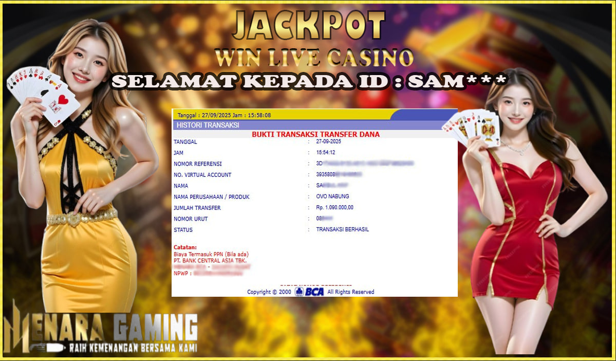 MENARAGAMING JACKPOT LIVE CASINO BACCARAT 1 Rp. 1.000.000,- LUNAS