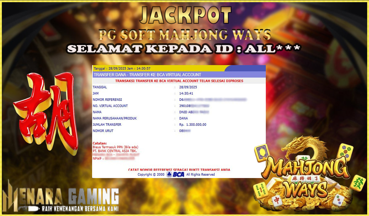 MENARAGAMING JACKPOT PG SOFT MAHJONG WAYS Rp. 1.000.000,- LUNAS
