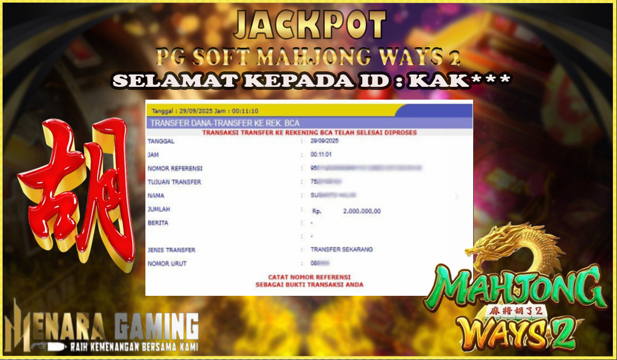 MENARAGAMING JACKPOT PG SOFT MAHJONG WAYS 2 Rp. 2.000.000,- LUNAS