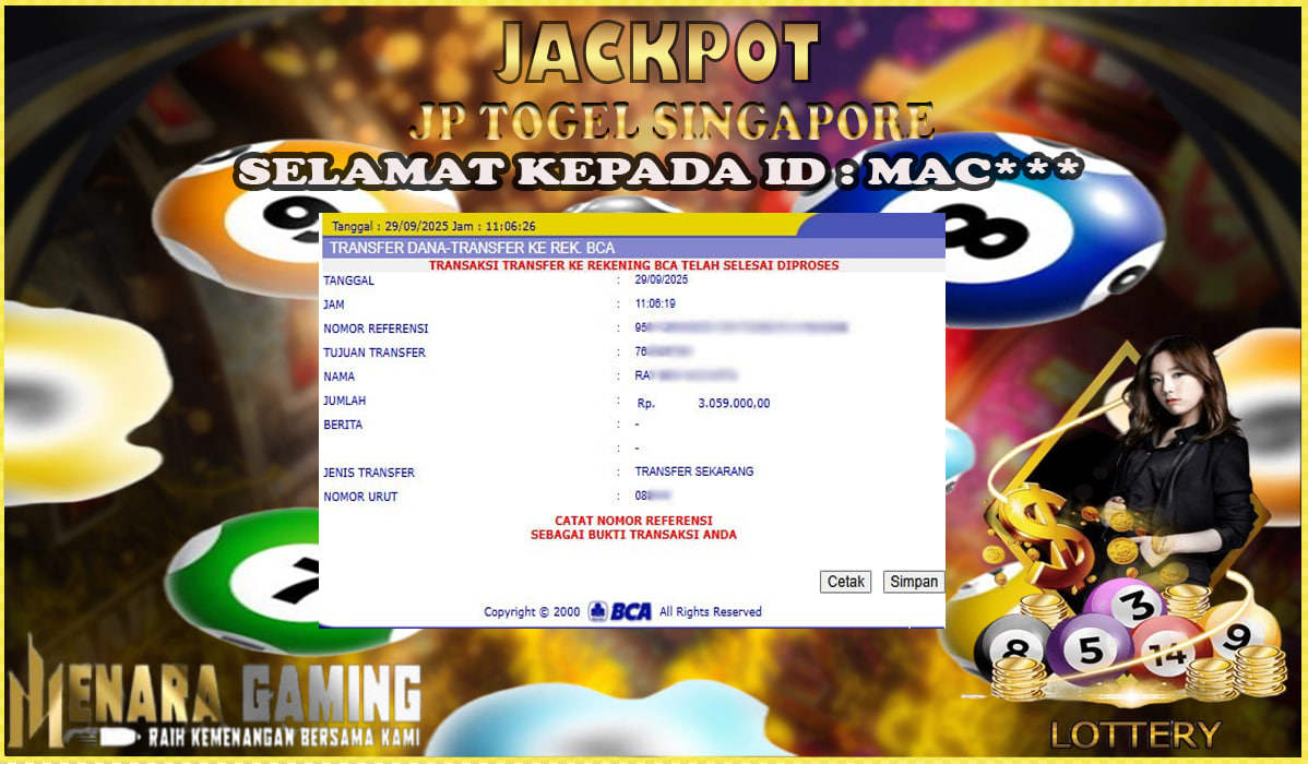 MENARAGAMING JACKPOT TOGEL SINGAPORE Rp. 3.000.000,- LUNAS