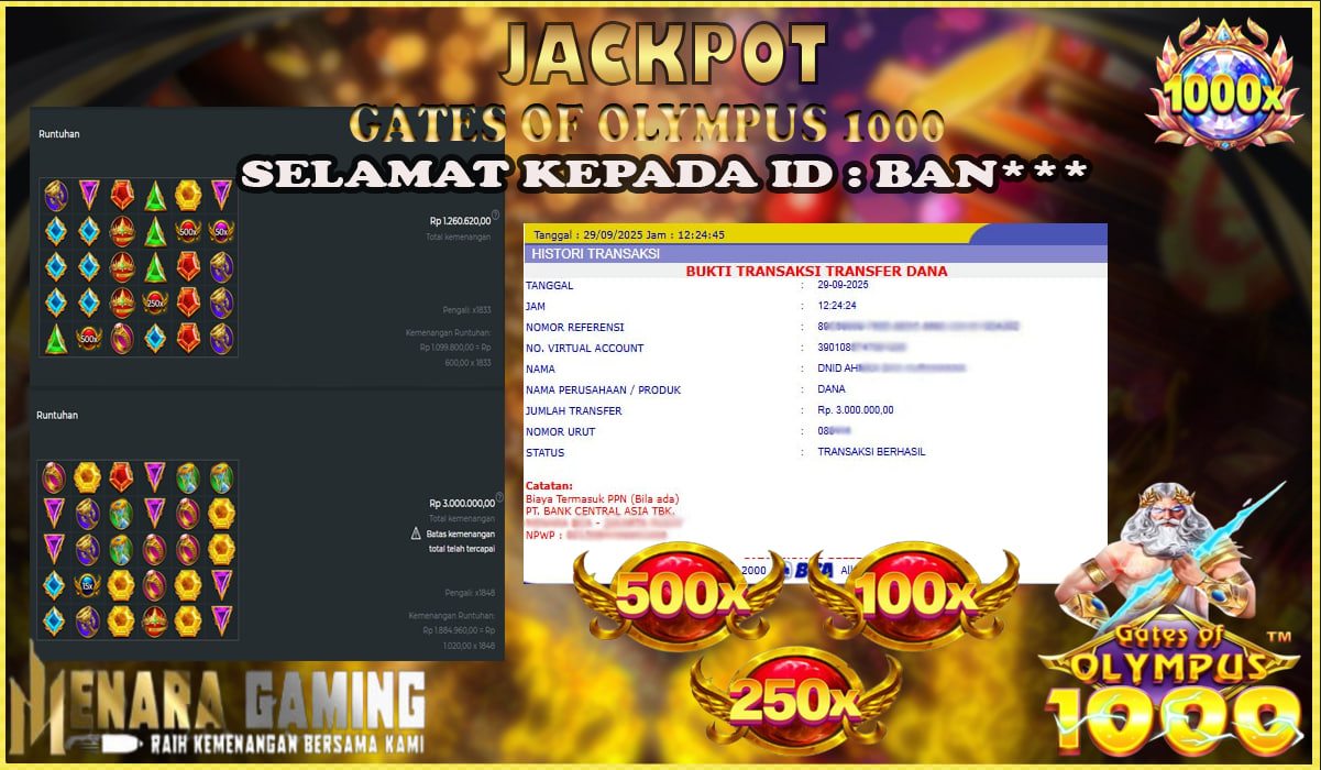 MENARAGAMING JACKPOT PRAGMATIC PLAY GATES OF OLYMPUS 1000 Rp. 3.000.000,- LUNAS