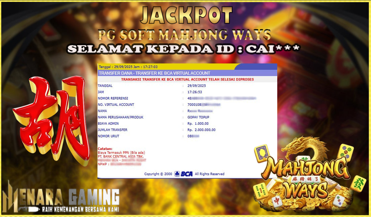 MENARAGAMING JACKPOT PG SOFT MAHJONG WAYS Rp. 2.000.000,- LUNAS