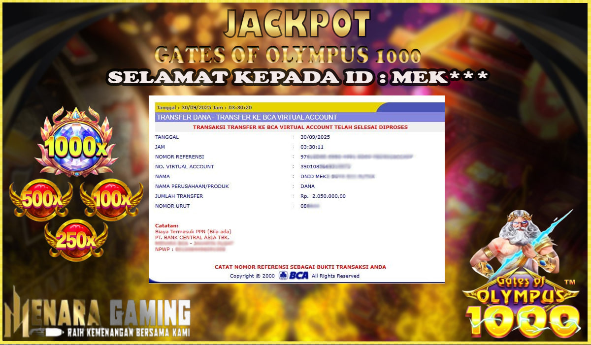 MENARAGAMING JACKPOT PRAGMATIC PLAY GATES OF OLYMPUS 1000 Rp. 2.000.000,- LUNAS
