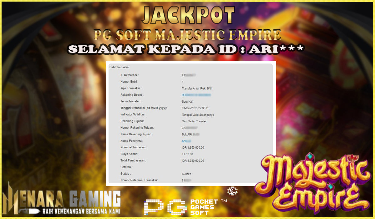 MENARAGAMING JACKPOT PG SOFT MAJESTIC EMPIRE Rp. 1.000.000,- LUNAS