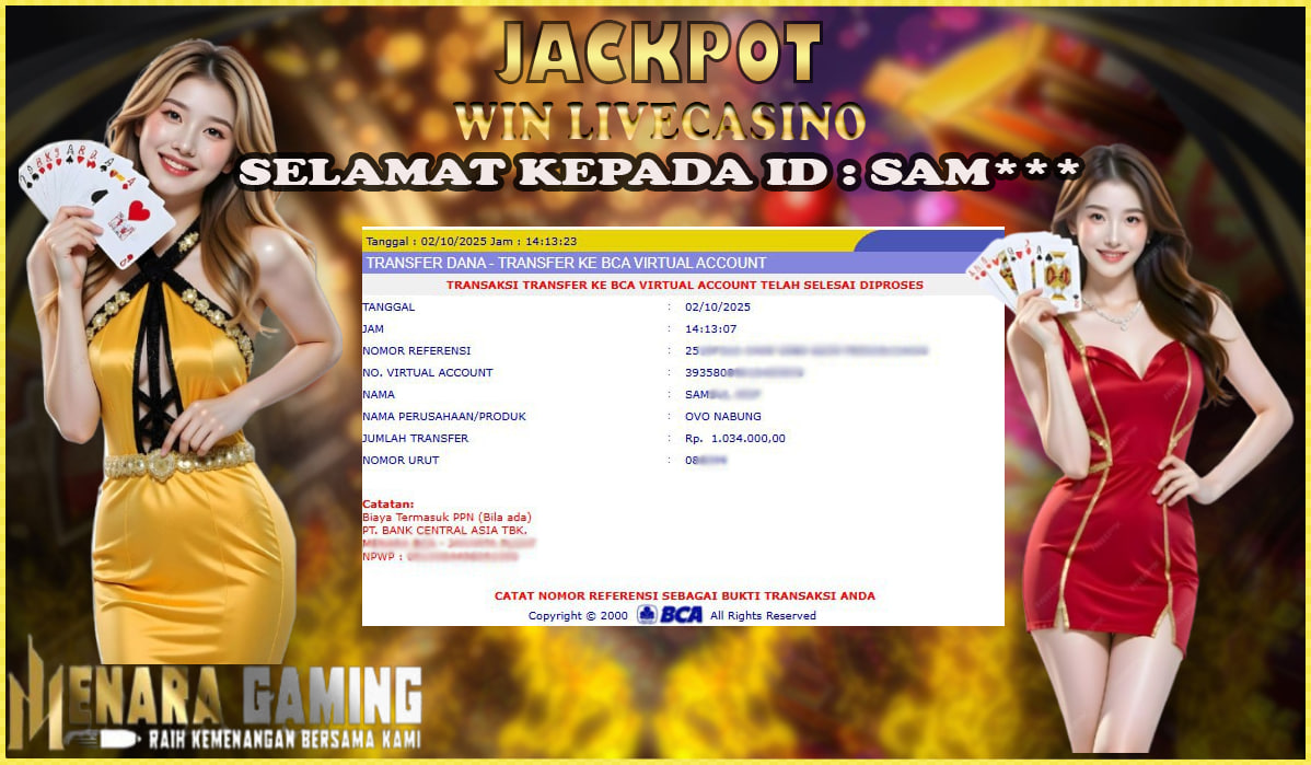 MENARAGAMING JACKPOT LIVE CASINO Rp. 1.000.000,- LUNAS