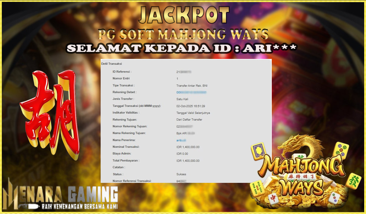 MENARAGAMING JACKPOT PG SOFT MAHJONG WAYS Rp. 1.000.000,- LUNAS