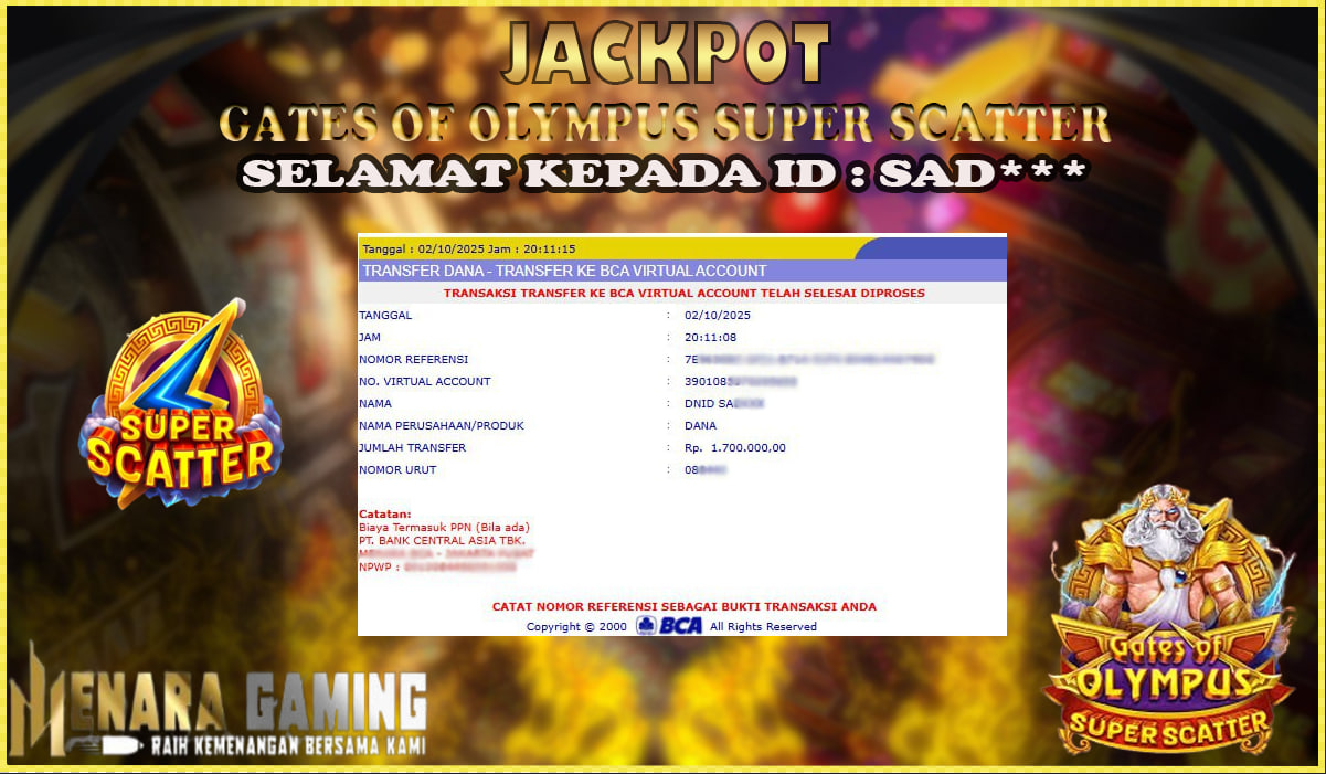 MENARAGAMING JACKPOT PRAGMATIC PLAY GATES OF OLYMPUS SUPER SCATTER Rp. 1.000.000,- LUNAS