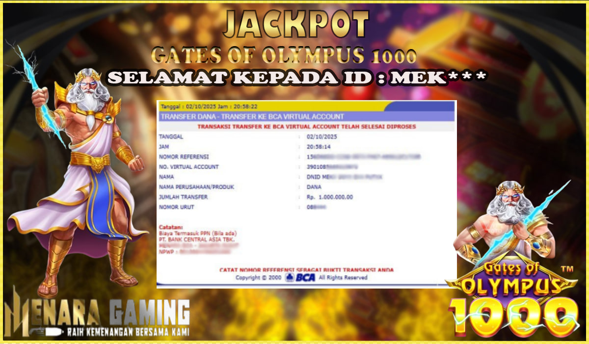 MENARAGAMING JACKPOT PRAGMATIC PLAY GATES OF OLYMPUS 1000 Rp. 1.000.000,- LUNAS