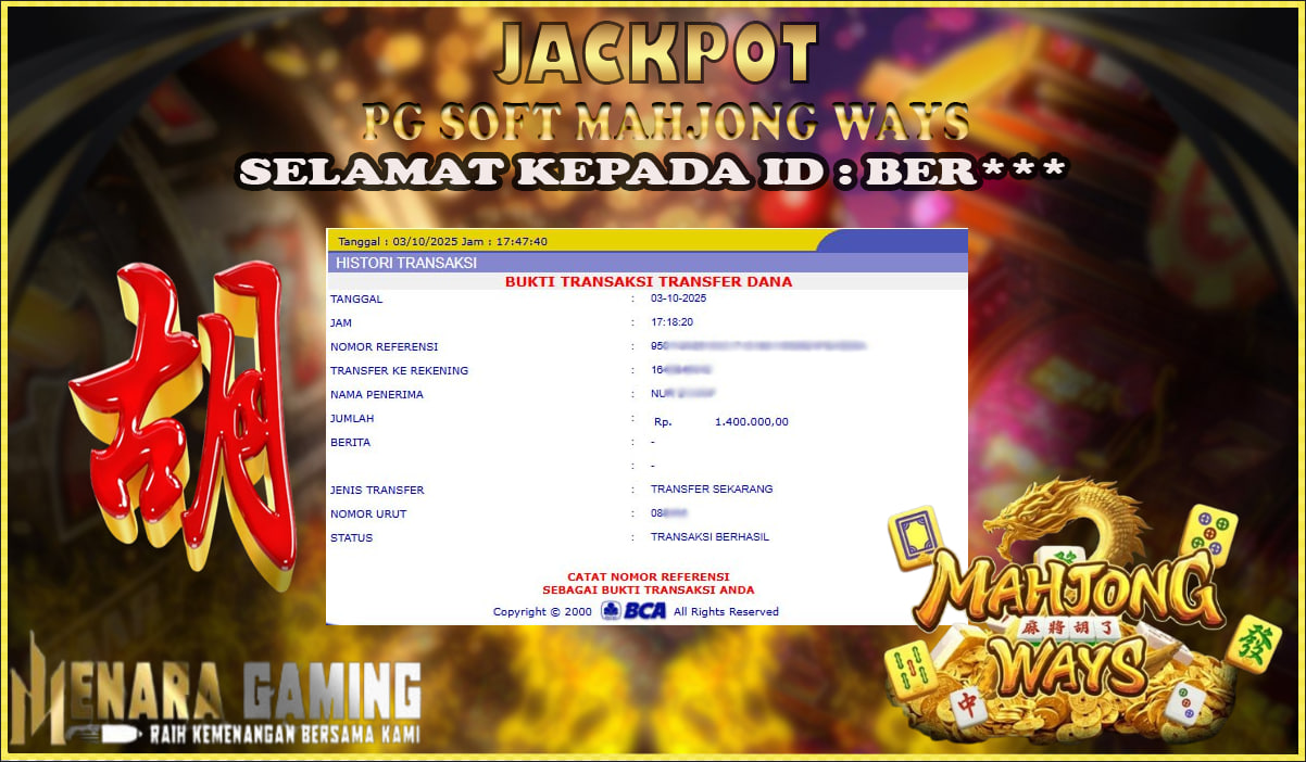 MENARAGAMING JACKPOT PG SOFT MAHJONG WAYS Rp. 1.000.000,- LUNAS
