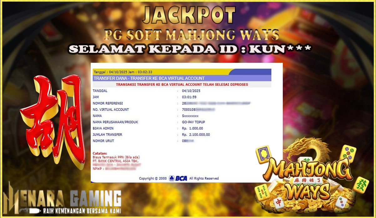MENARAGAMING JACKPOT PG SOFT MAHJONG WAYS Rp. 2.000.000,- LUNAS