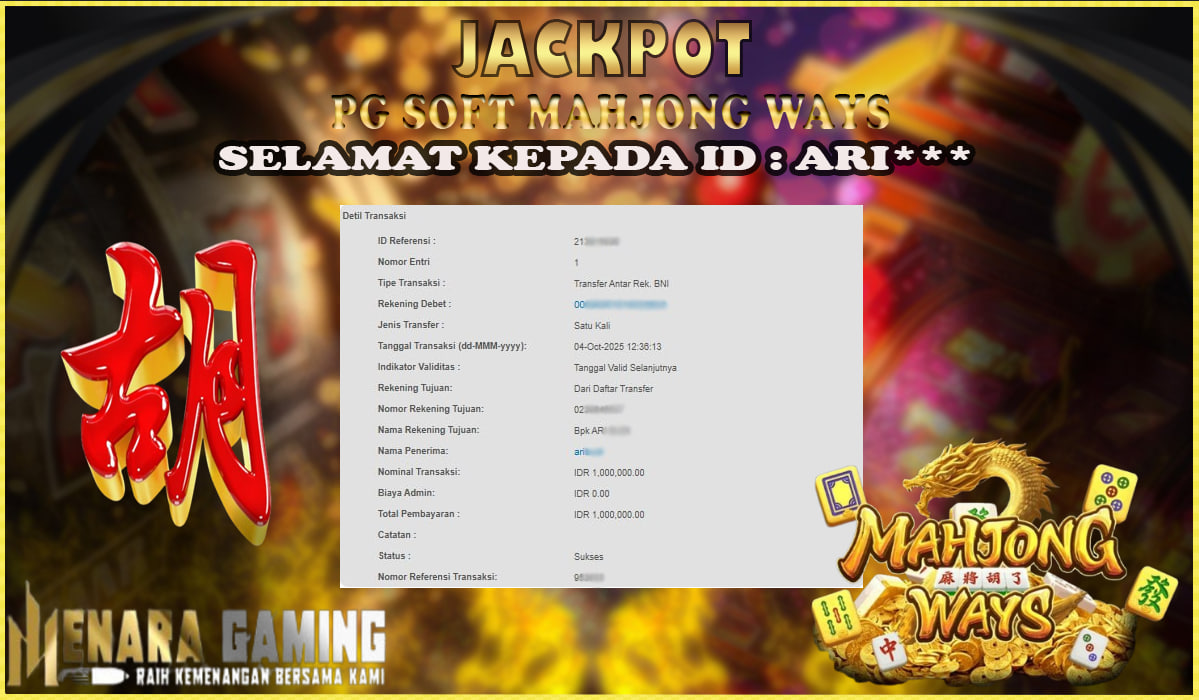 MENARAGAMING JACKPOT PG SOFT MAHJONG WAYS Rp. 1.000.000,- LUNAS