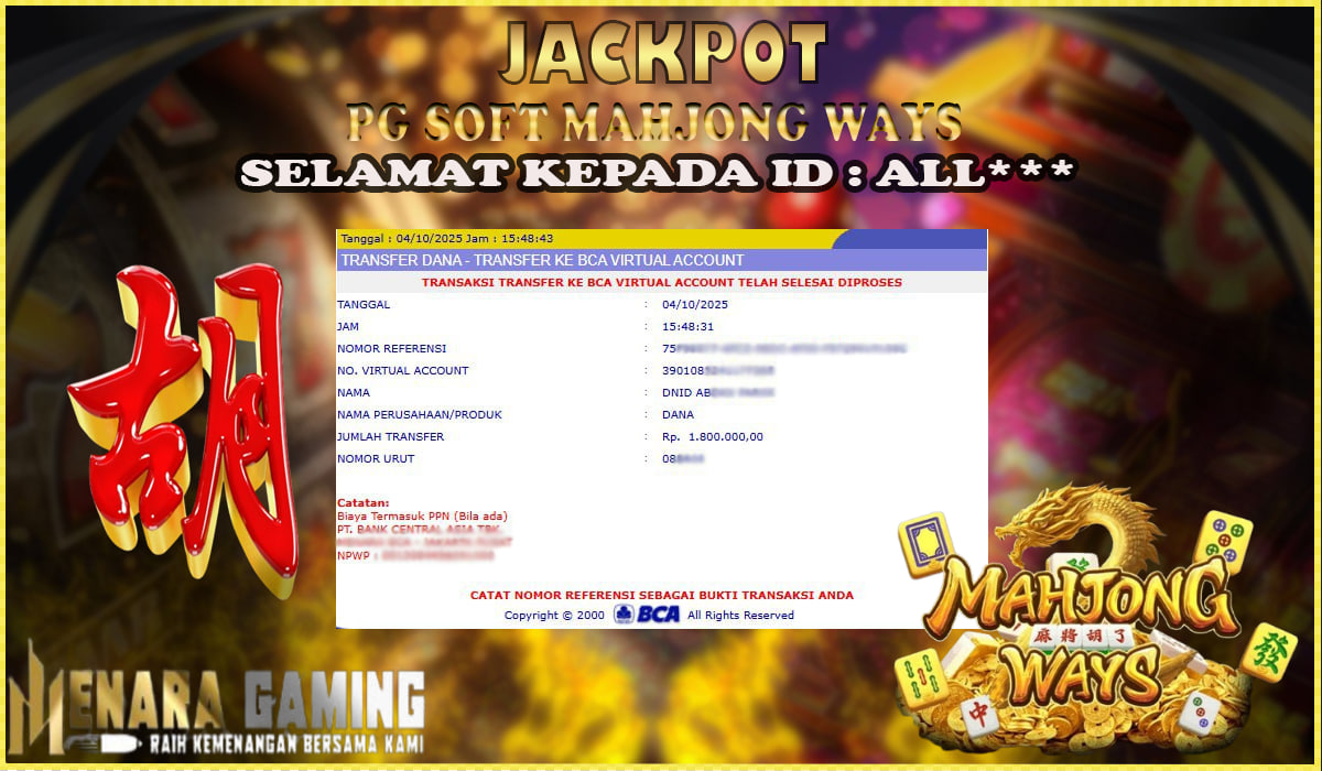 MENARAGAMING JACKPOT PG SOFT MAHJONG WAYS Rp. 1.000.000,- LUNAS