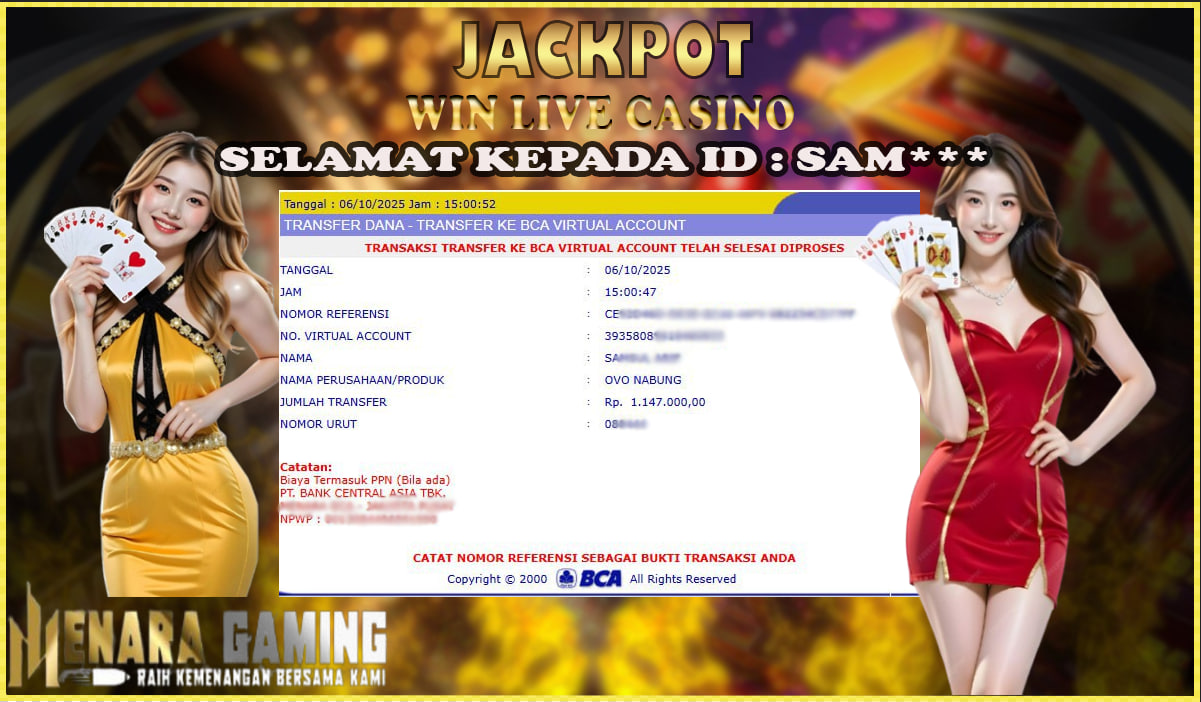 MENARAGAMING JACKPOT LIVE CASINO Rp. 1.000.000,- LUNAS