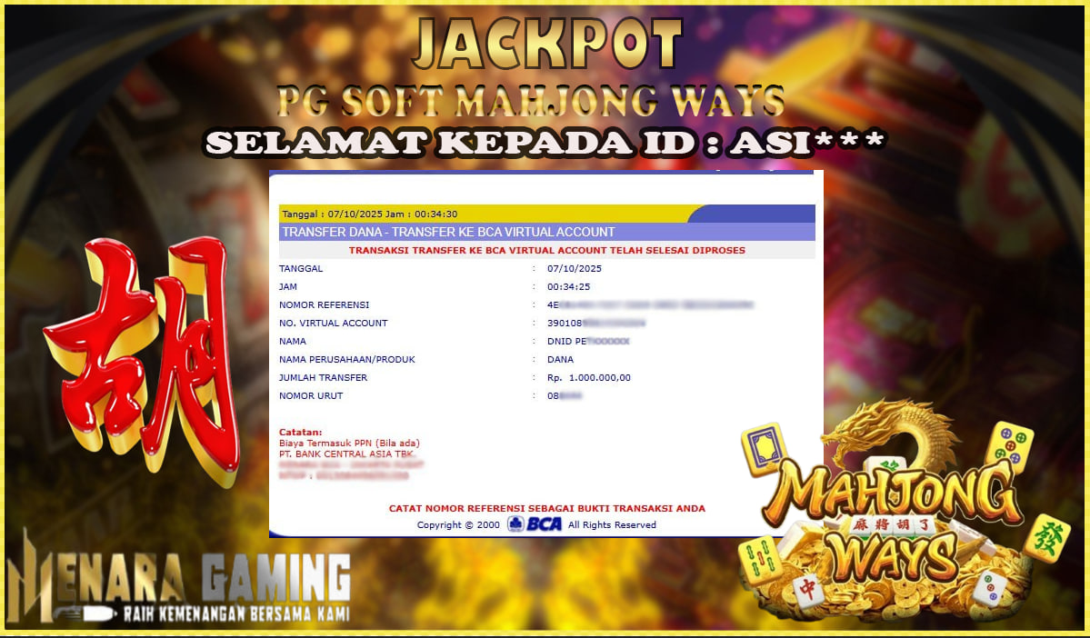 MENARAGAMING JACKPOT PG SOFT MAHJONG WAYS Rp. 1.000.000,- LUNAS