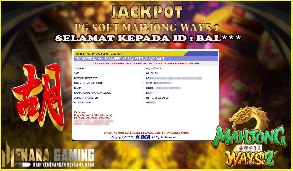 MENARAGAMING JACKPOT PG SOFT MAHJONG WAYS 2 Rp. 1.000.000,- LUNAS