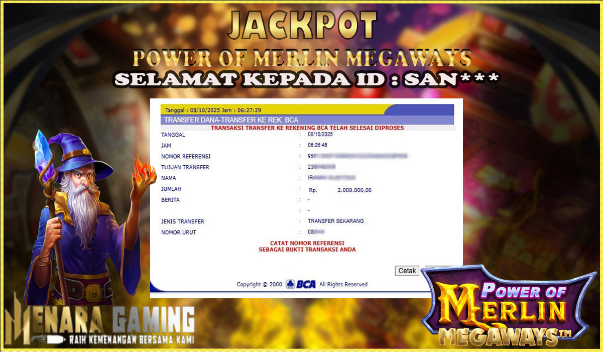 MENARAGAMING JACKPOT PRAGMATIC PLAY POWER OF MERLIN MEGAWAYS Rp. 2.000.000,- LUNAS