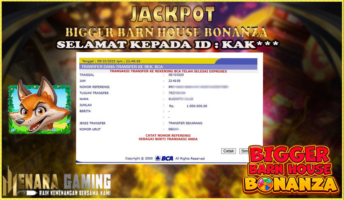 MENARAGAMING JACKPOT PRAGMATIC PLAY BIGGER BARN HOUSE BONANZA Rp. 1.000.000,- LUNAS
