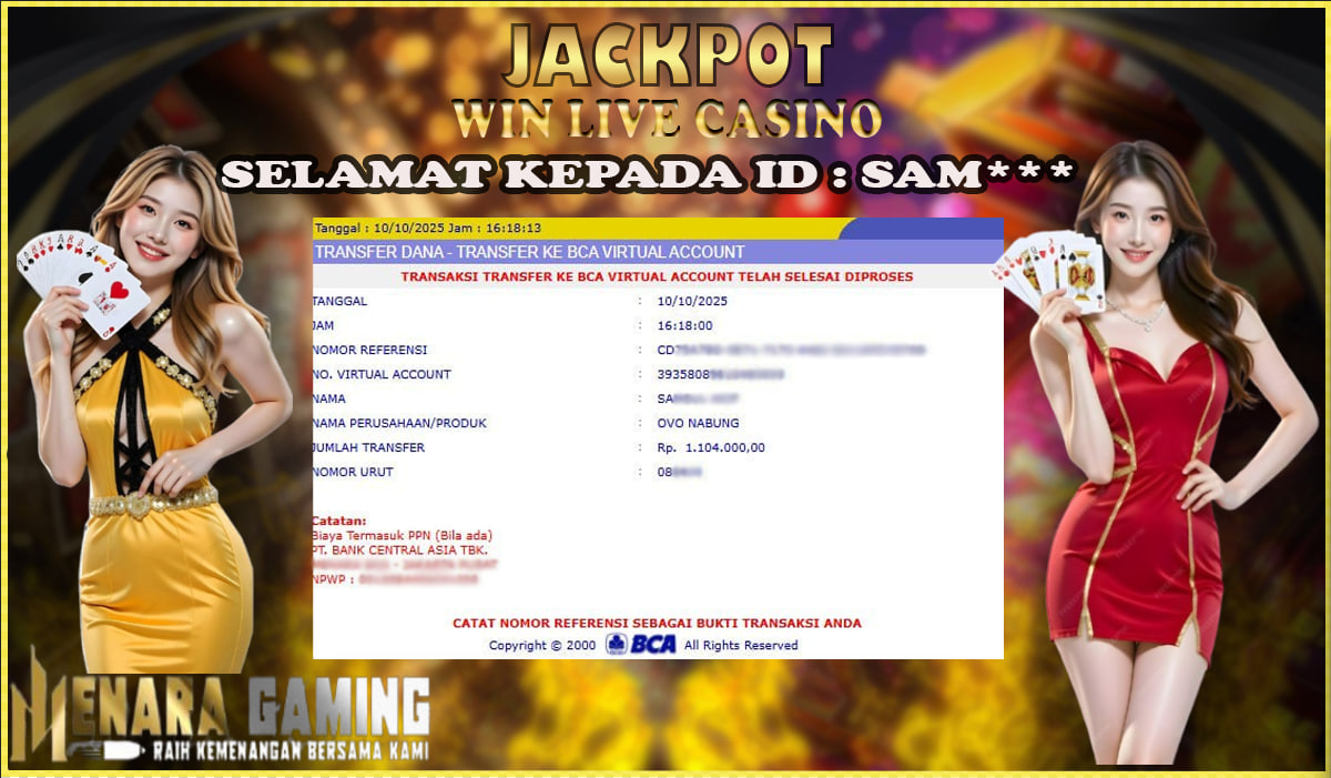 MENARAGAMING JACKPOT LIVE CASINO Rp. 1.000.000,- LUNAS