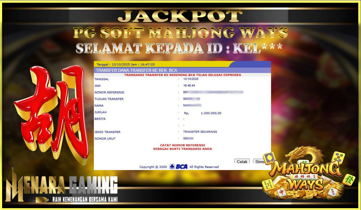 MENARAGAMING JACKPOT PG SOFT MAHJONG WAYS Rp. 1.000.000,- LUNAS