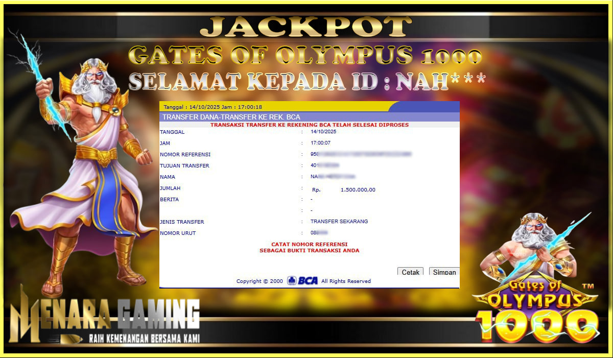 MENARAGAMING JACKPOT PRAGMATIC PLAY GATES OF OLYMPUS 1000 Rp. 1.000.000,- LUNAS