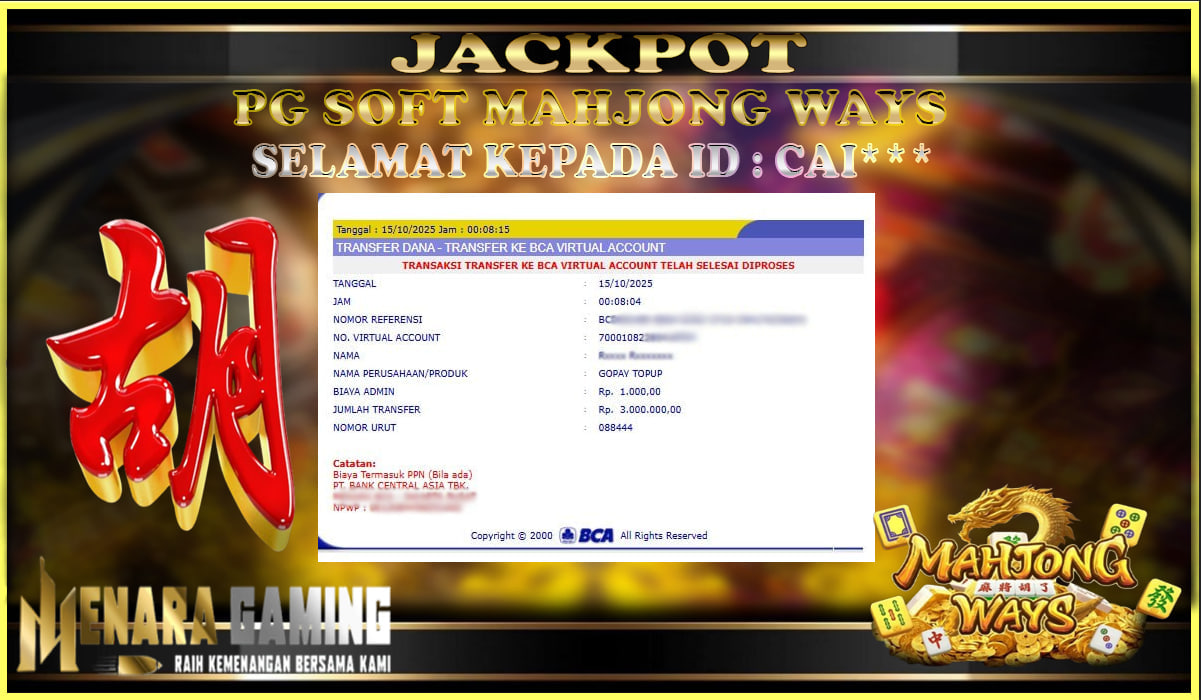 MENARAGAMING JACKPOT PG SOFT MAHJONG WAYS Rp. 3.000.000,- LUNAS