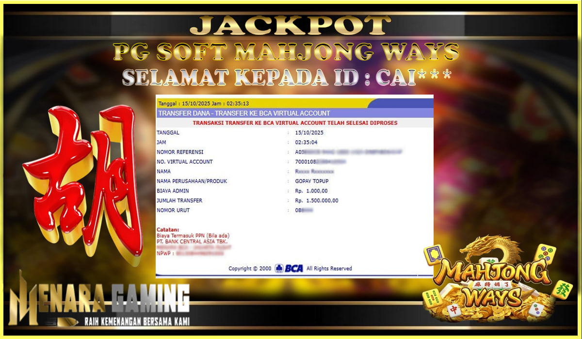 MENARAGAMING JACKPOT PG SOFT MAHJONG WAYS Rp. 1.000.000,- LUNAS