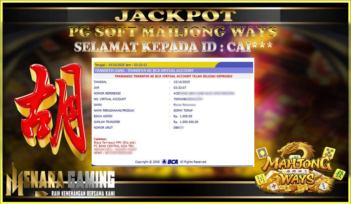 MENARAGAMING JACKPOT PG SOFT MAHJONG WAYS Rp. 1.000.000,- LUNAS