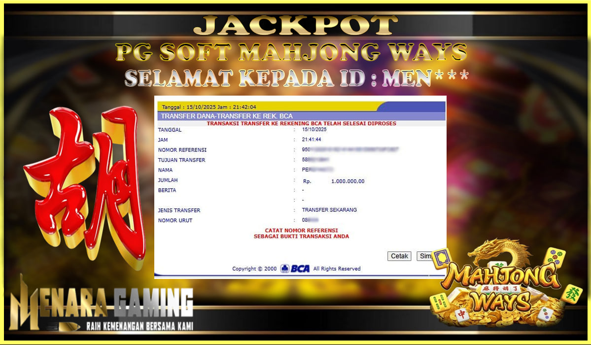 MENARAGAMING JACKPOT PG SOFT MAHJONG WAYS Rp. 1.000.000,- LUNAS